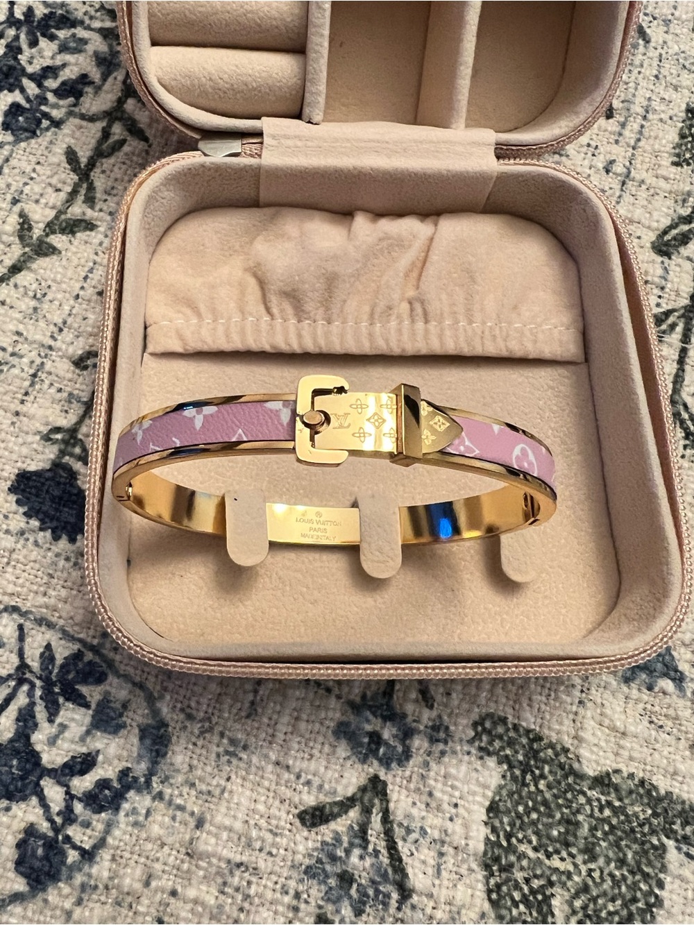 Pink/White Monogram Gold Tone Buckle Bangle Bracelet with Gold Hardware